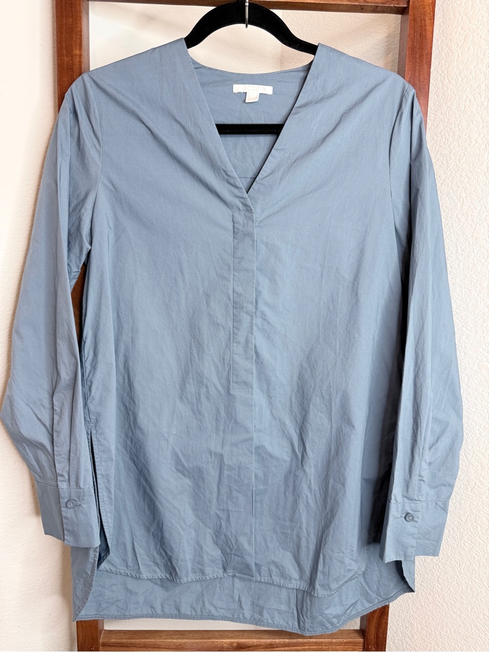 COS Blue Cotton V Neck Button Front Tunic Blouse Shirt Size 4